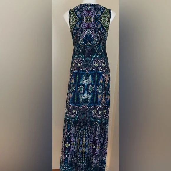 Chico's Vibrant Colors Blue Green Purple & Black Maxi V Neck Dress Sz 0, - Picture 4 of 12